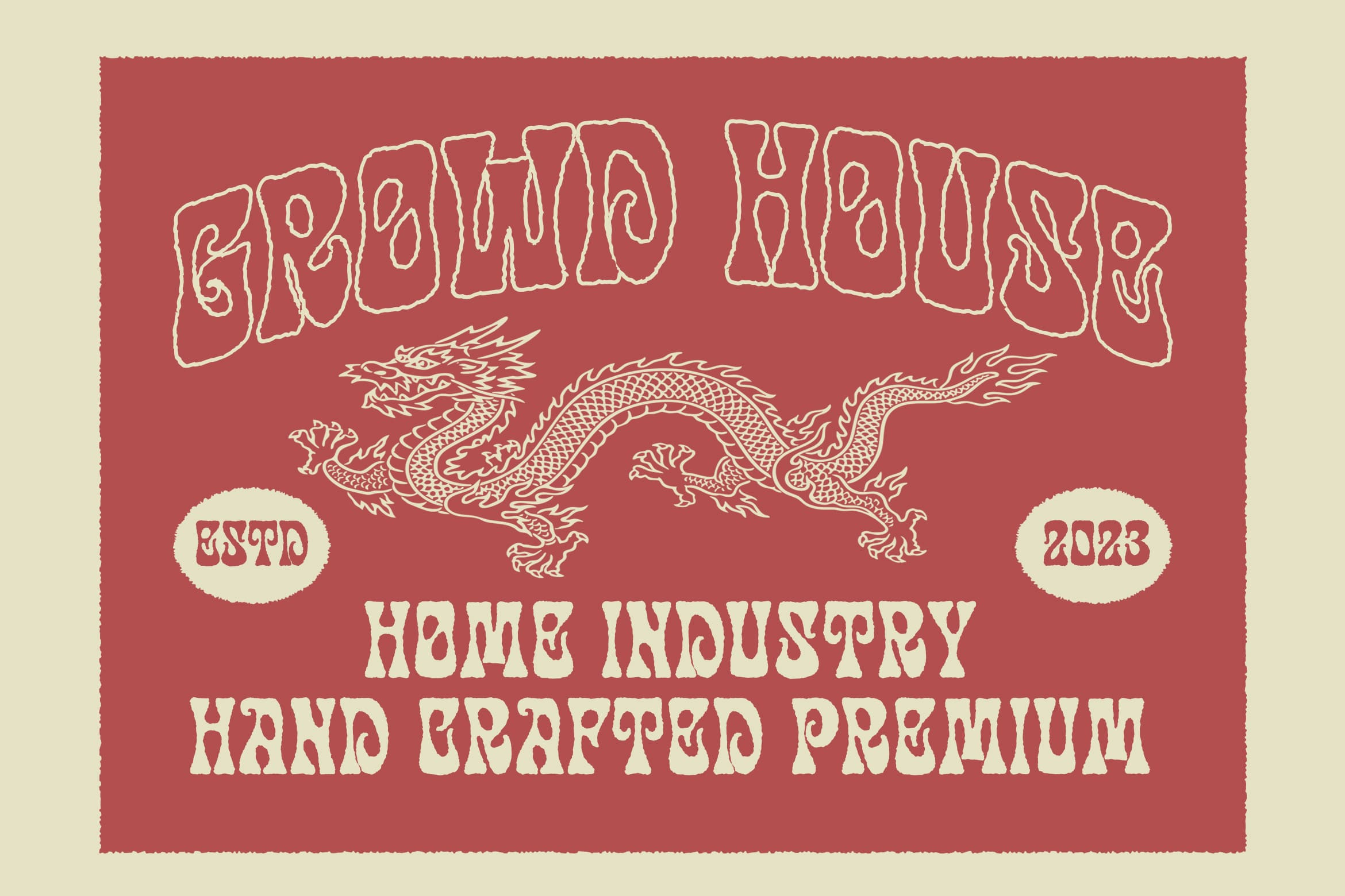 Retro red poster with cream outline dragon graphic, distressed lettering saying Groud Haudry Home Industry Hand Crafted Premium