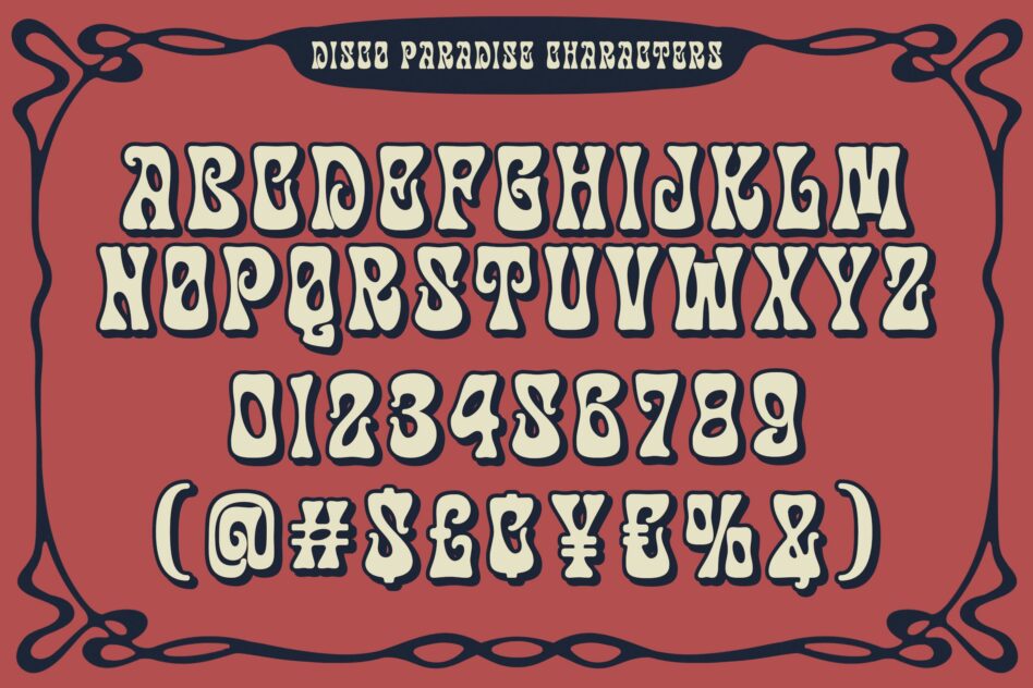 Retro groovy font with full character set, numbers, symbols on rust background with decorative border