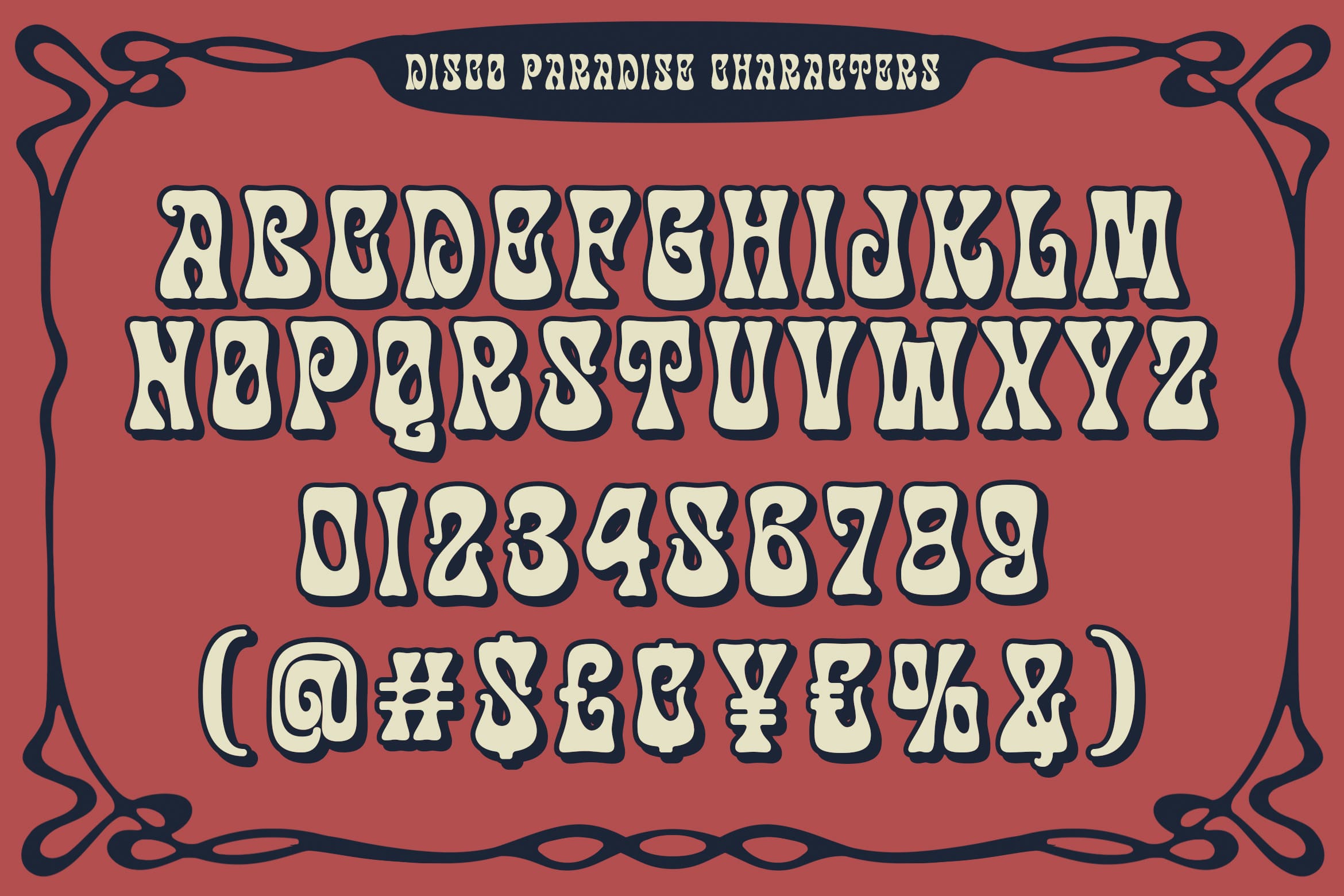 Retro groovy font with full character set, numbers, symbols on rust background with decorative border