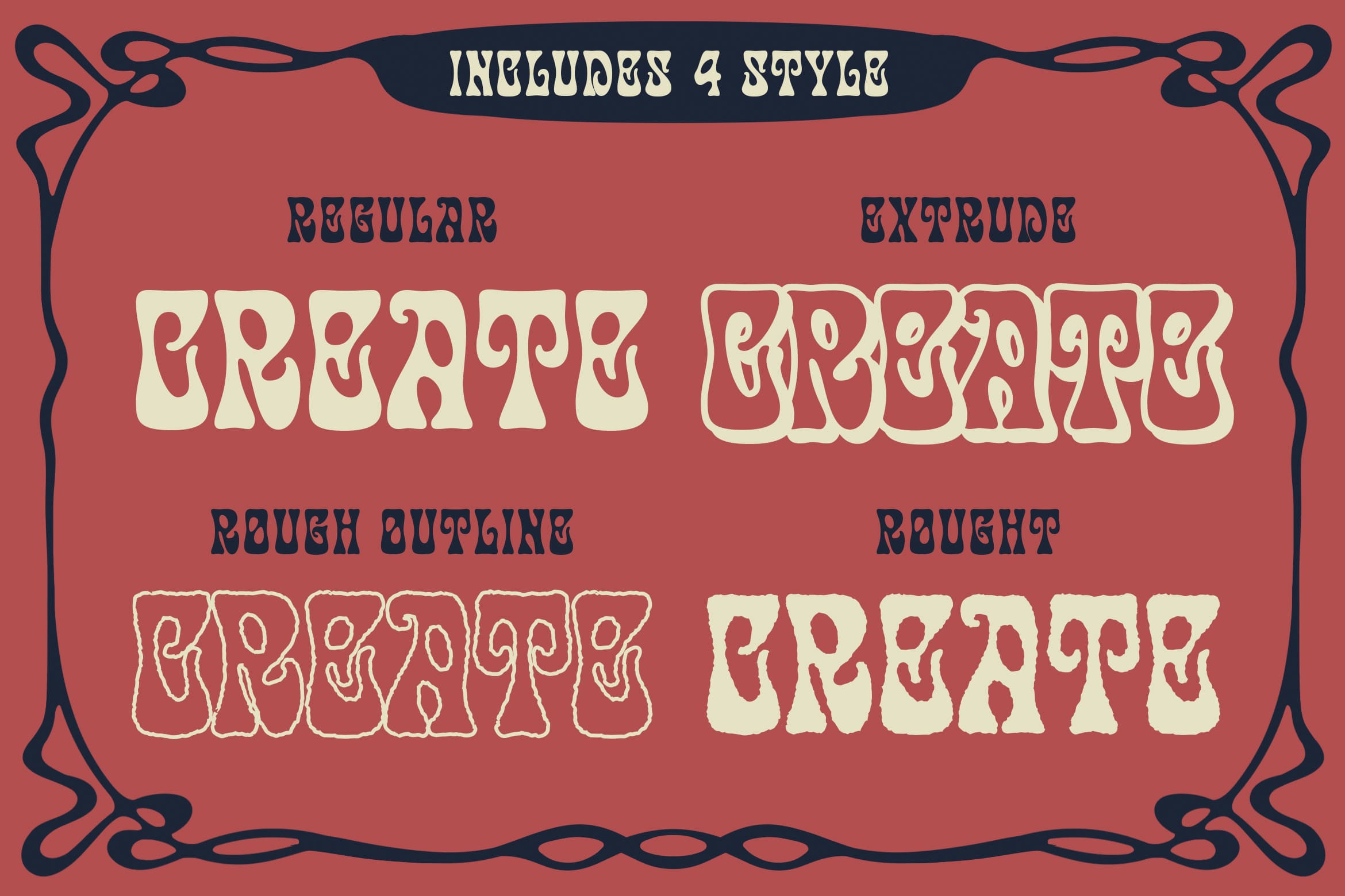 Groovy retro font with 4 style variations in cream on rust red background with ornate border