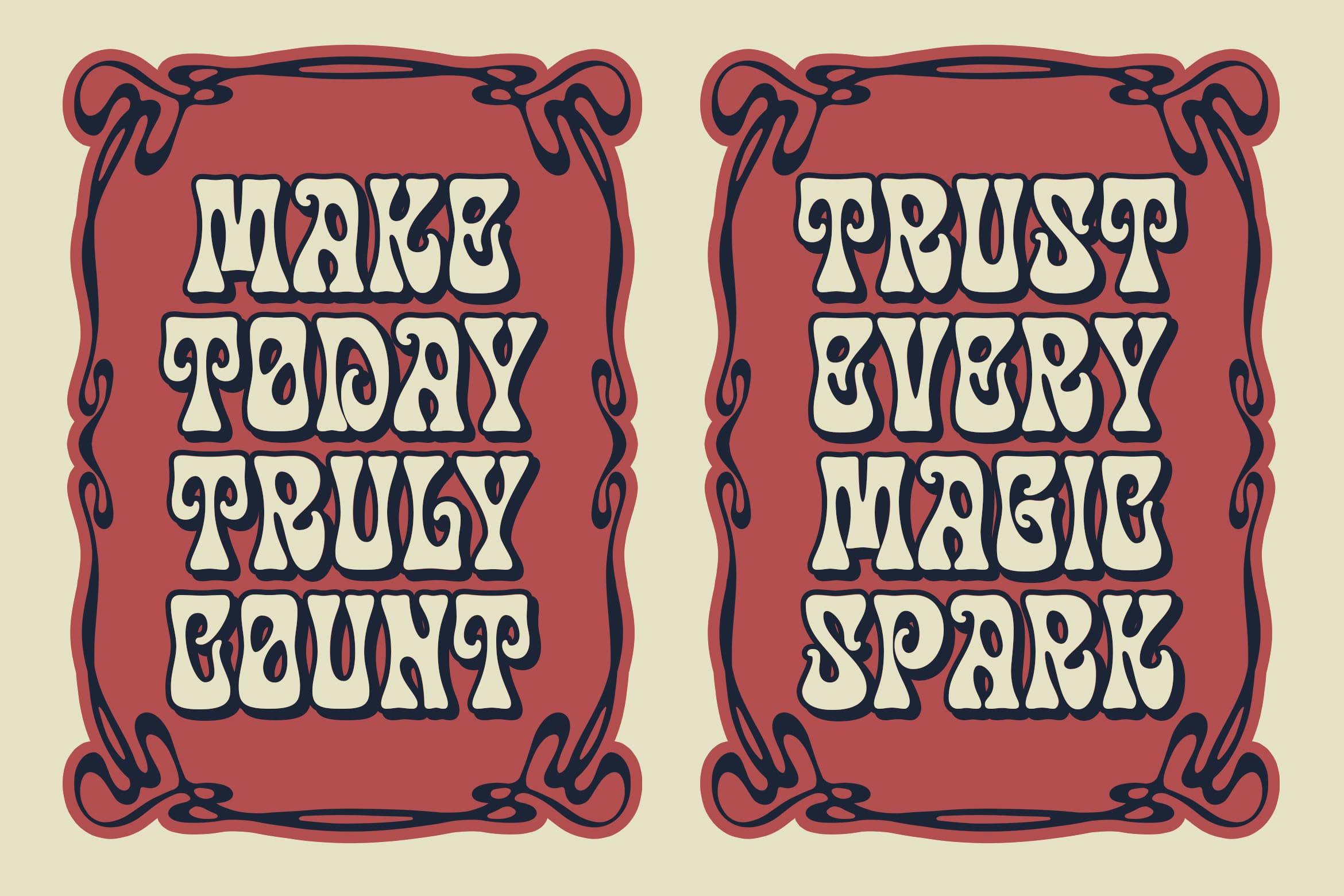 Retro wavy font with two layout variations on red ornamental frames with cream background
