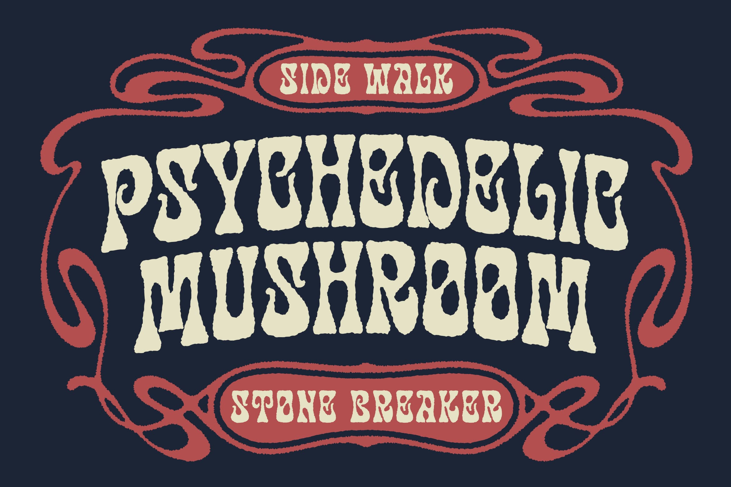 Retro psychedelic mushroom poster with groovy ornamental frame on dark background