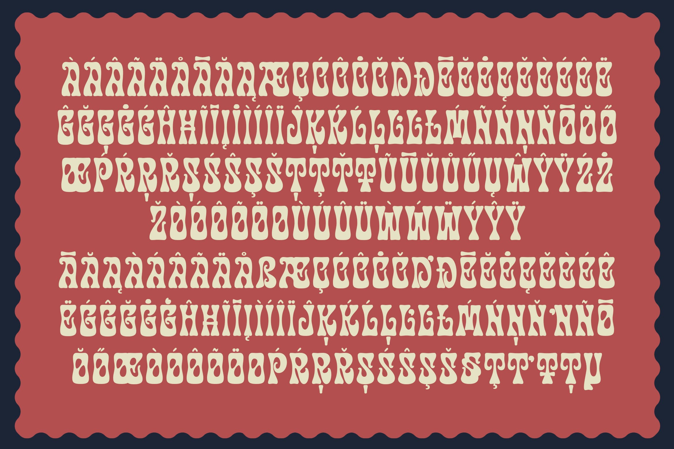 Retro serif font with diacritical marks on coral red background with wavy border