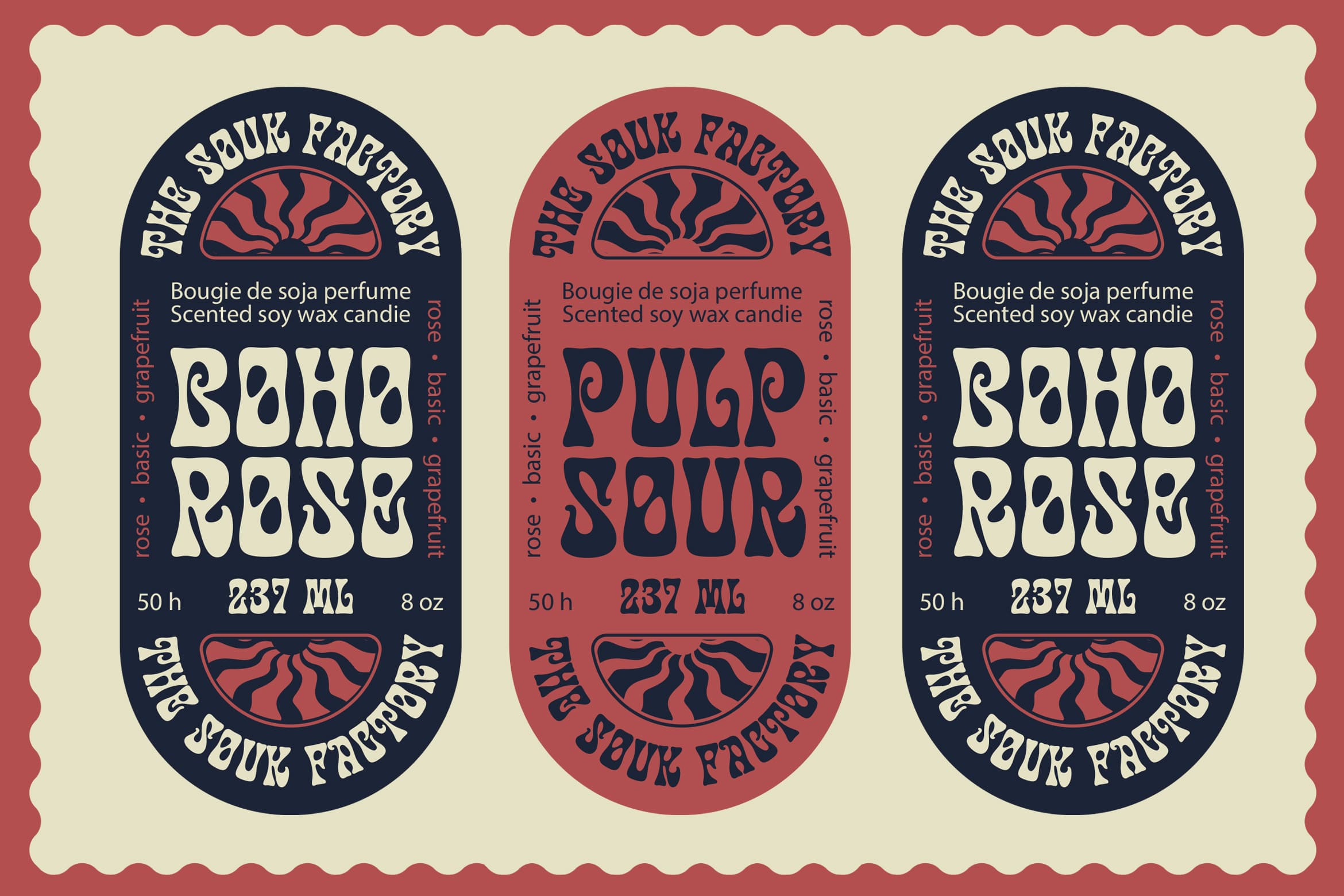 Boho sour grapefruit candle labels in navy, rust, with retro sun motifs on cream