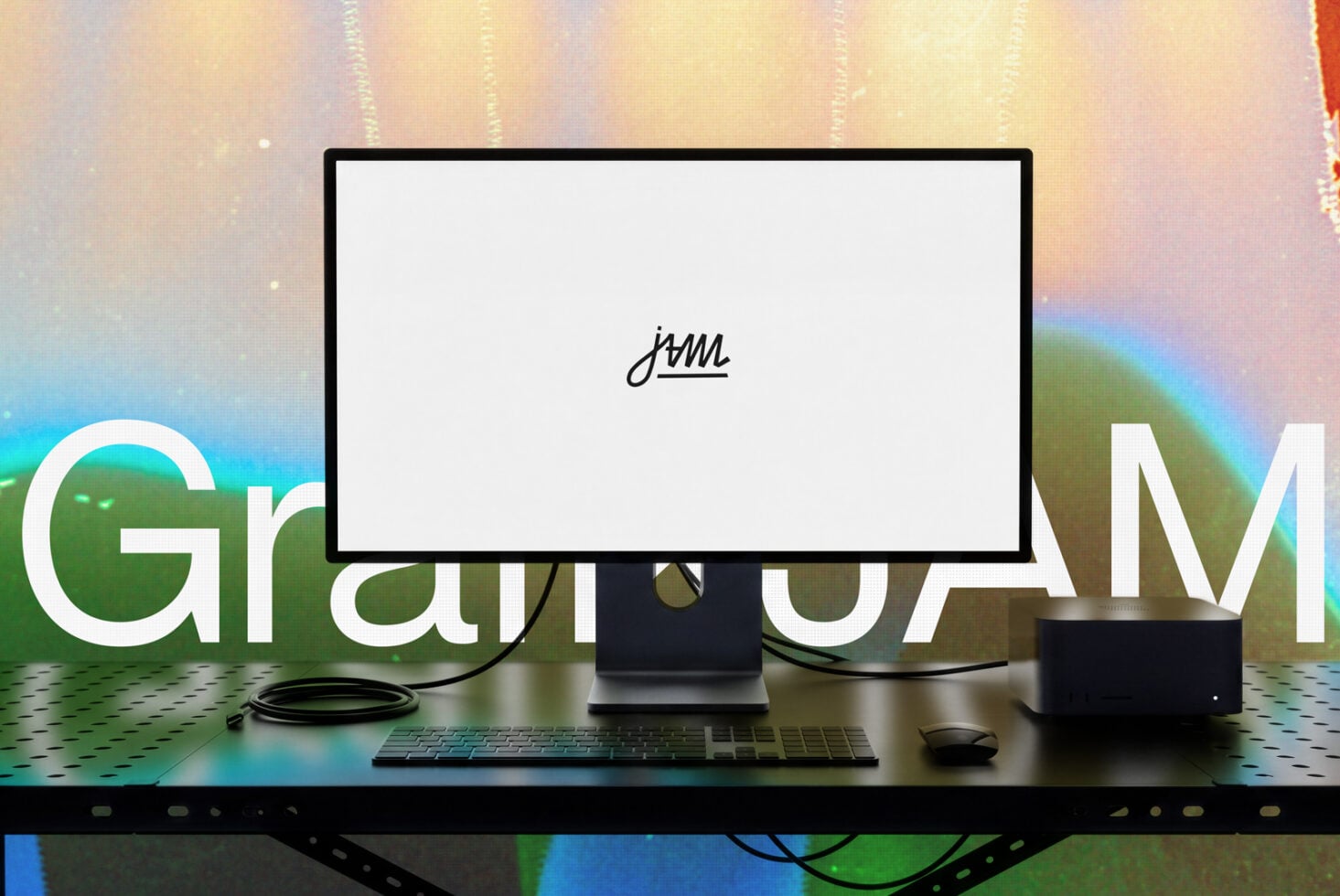 Desktop monitor mockup with blank screen on colorful gradient background with keyboard plus mouse