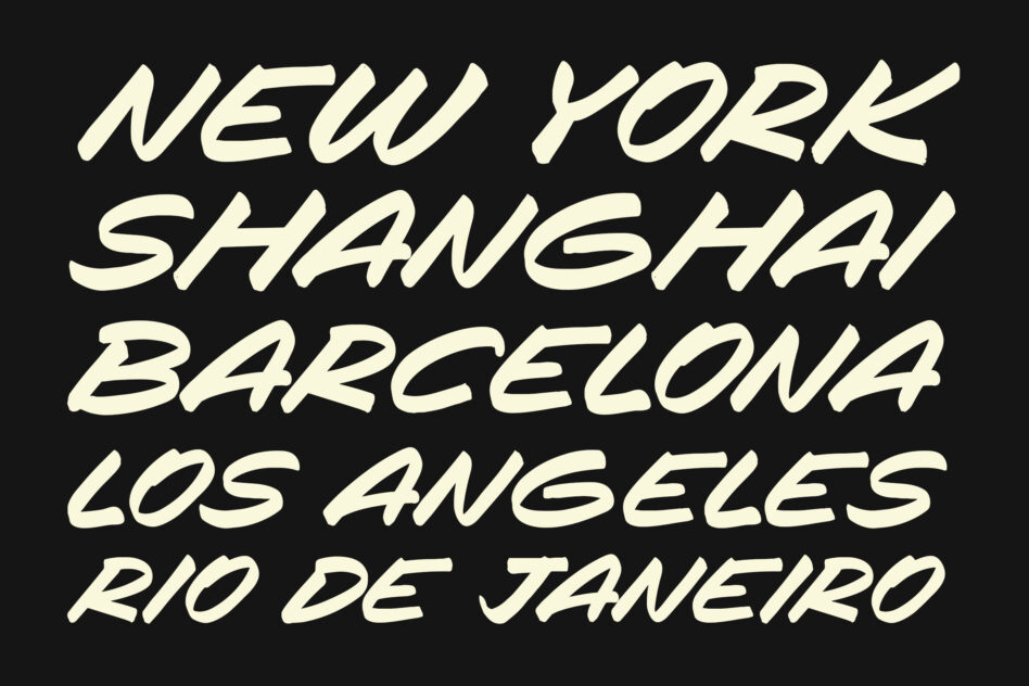 Cream italic typeface spelling out city names on black background