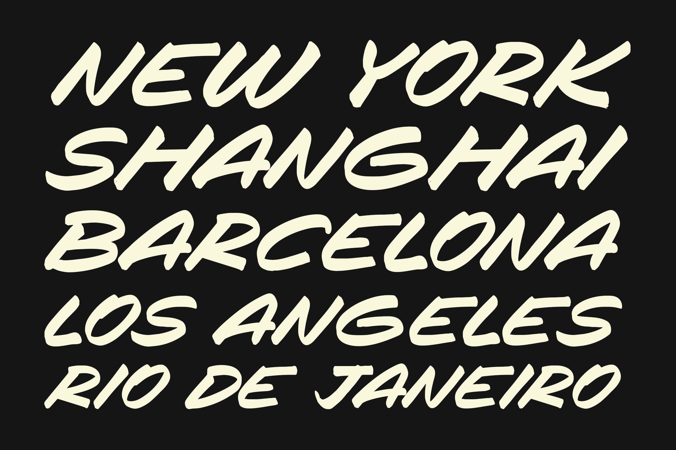 Cream italic typeface spelling out city names on black background
