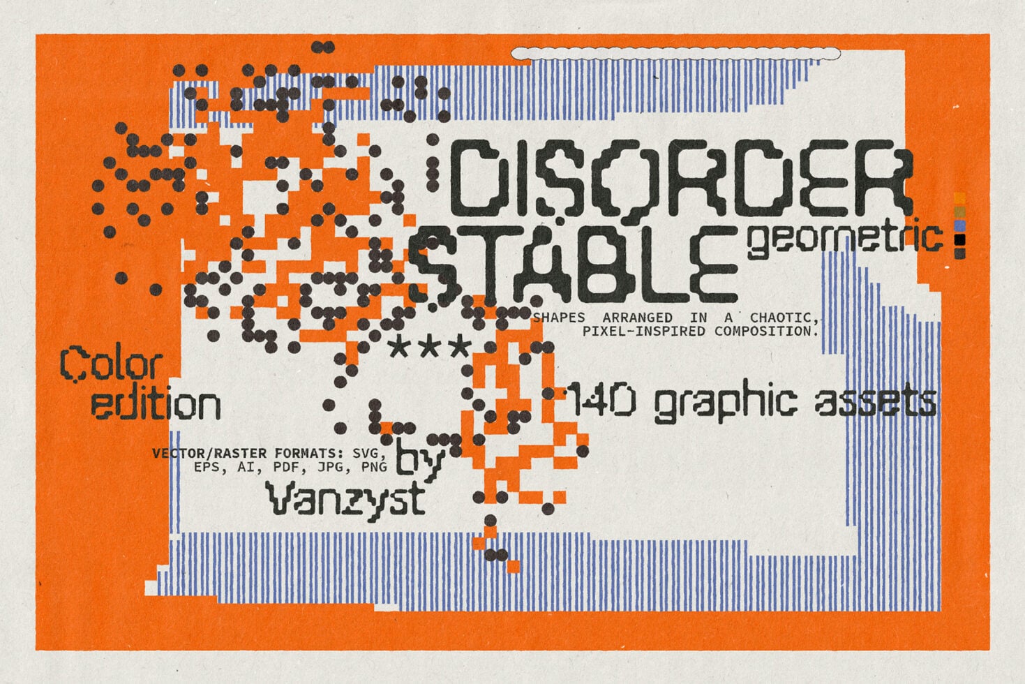 Disorder stable geometric graphic asset pack with 140 pixelated shapes, dots, lines in orange, blue, black on cream background