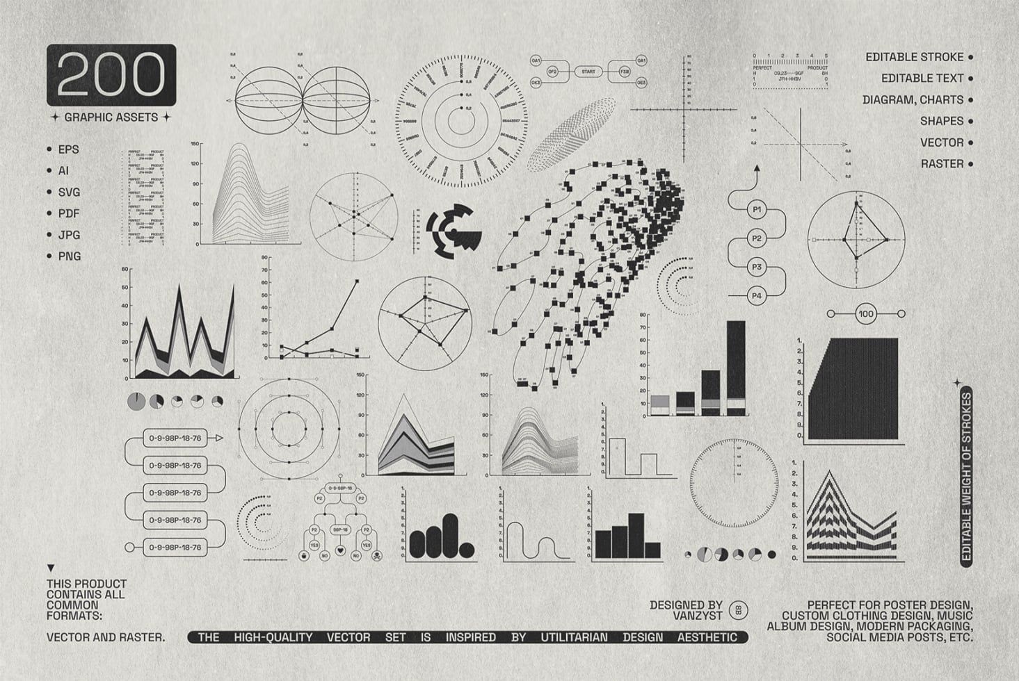 200 minimalist line art diagrams, charts, graphs, geometric shapes in vector format