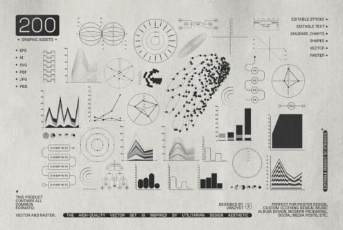 200 minimalist line art diagrams, charts, graphs, geometric shapes in vector format