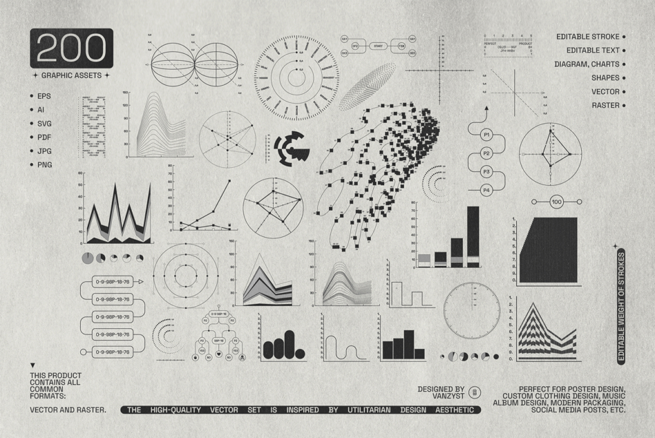 200 minimalist line art diagrams, charts, graphs, geometric shapes in vector format