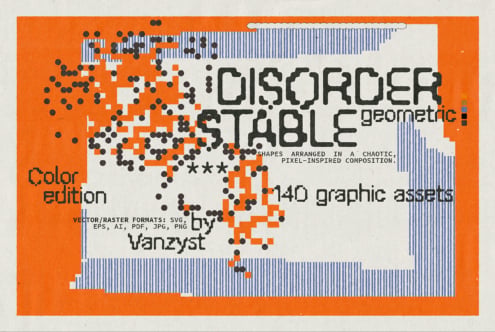 Disordered Stage geometric graphic set with pixelated shapes, 140 assets in orange color edition