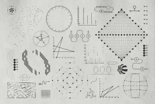 Vintage technical illustration sheet with geometric diagrams, data visualizations, plus grids on textured paper