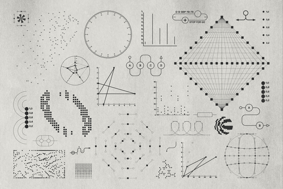 Vintage technical illustration sheet with geometric diagrams, data visualizations, plus grids on textured paper