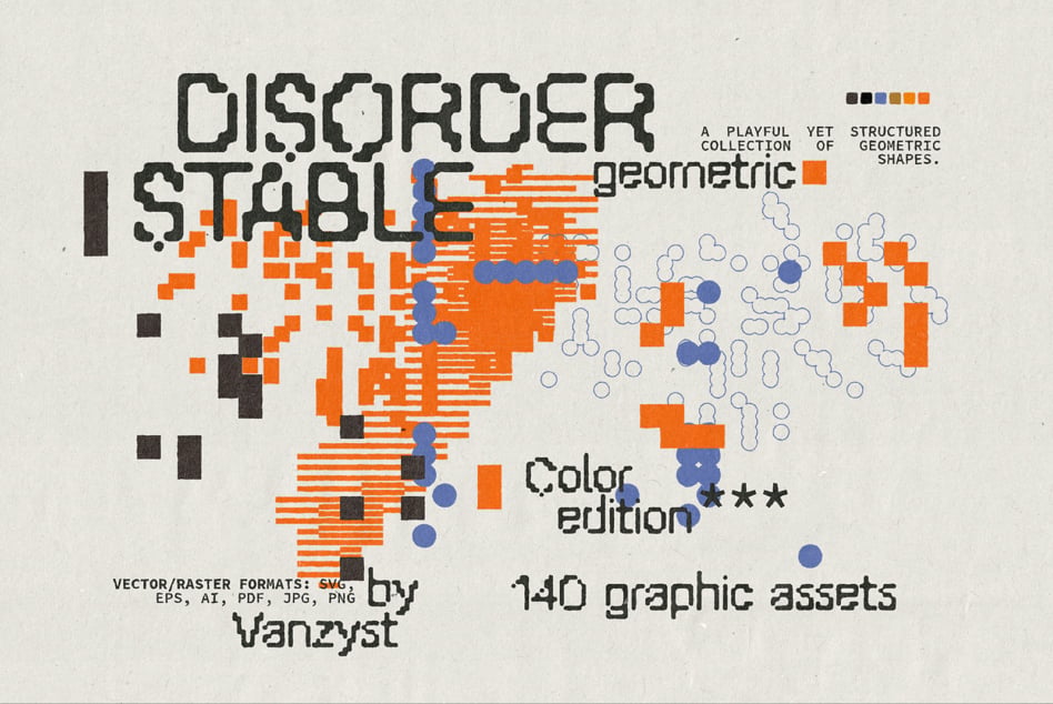Disorder Is Chaos geometric shape collection with 140 colorful graphic assets in multiple formats