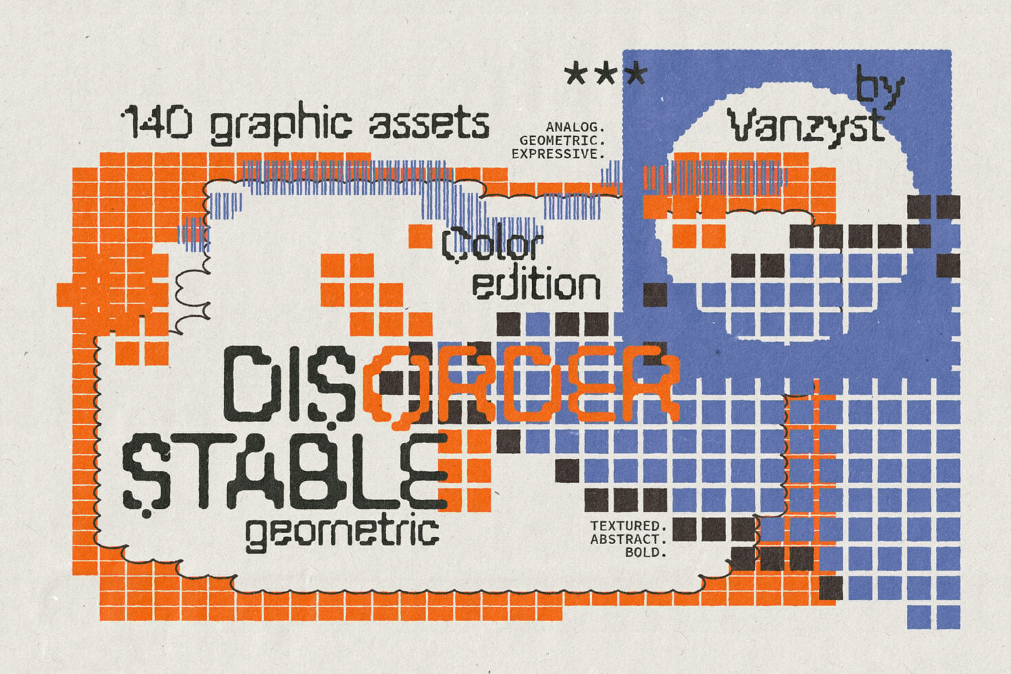 Retro pixel art graphic pack with 140 assets in orange, blue, black showing geometric shapes, textures, patterns