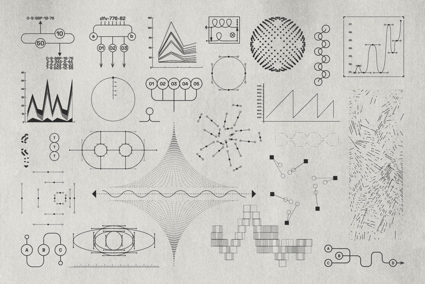 Collection of technical line diagrams with graphs, flow charts, geometric patterns, circles with connection points