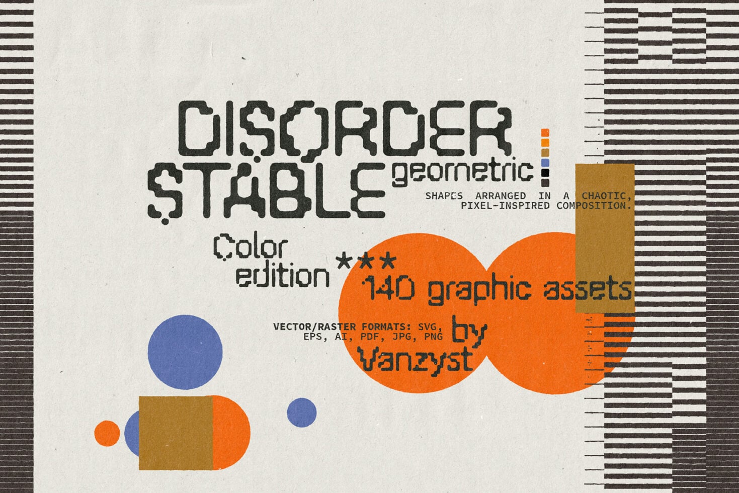 Disorder Stable geometric shapes in orange, blue, gold scattered across textured background with pixel patterns