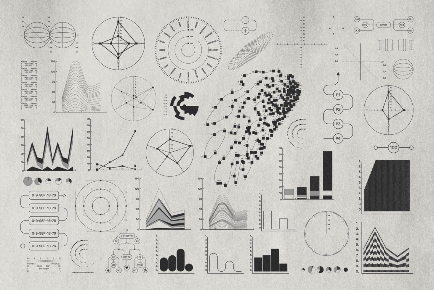 Massive collection of technical diagrams, charts, graphs, geometric shapes with measurement guides on textured paper background