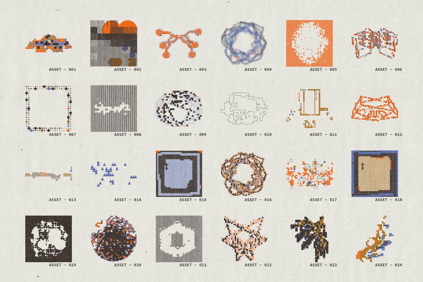 24 pixelated graphic elements in orange, blue, brown with geometric shapes, patterns, circles, lines