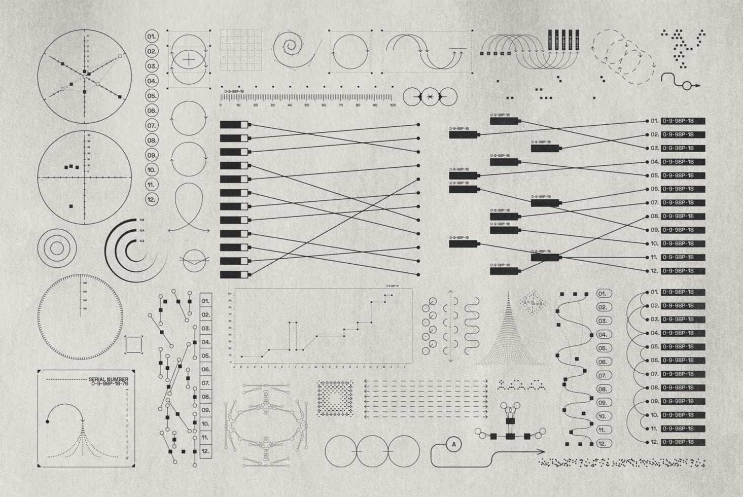Massive collection of technical design elements, diagrams, data visualization components with circles, grids, flowcharts, geometry sketches on beige paper