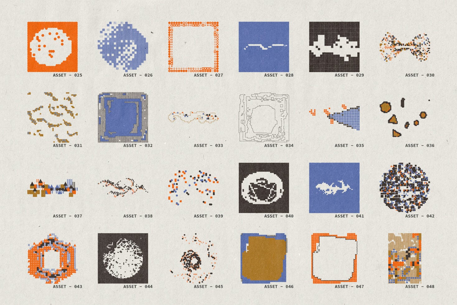 Collection of 24 pixelated graphic elements in orange, blue, brown with scattered dots, frames, shapes