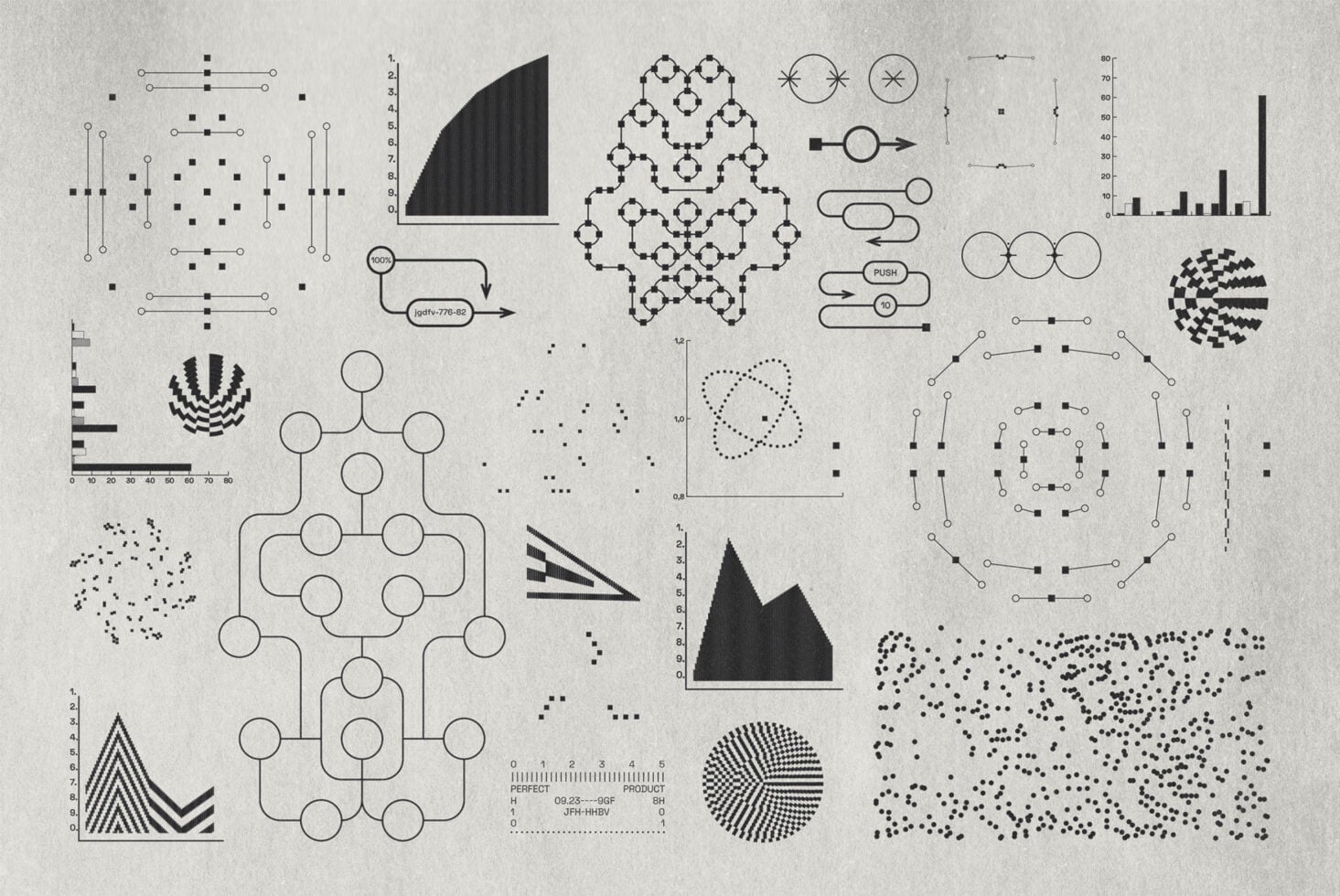 Data visualization elements pack with charts, graphs, network diagrams, geometric patterns on gray