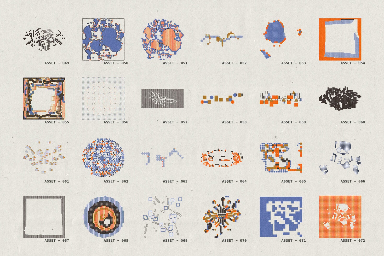 Collection of retro pixel art design elements in blue, orange, black on cream background