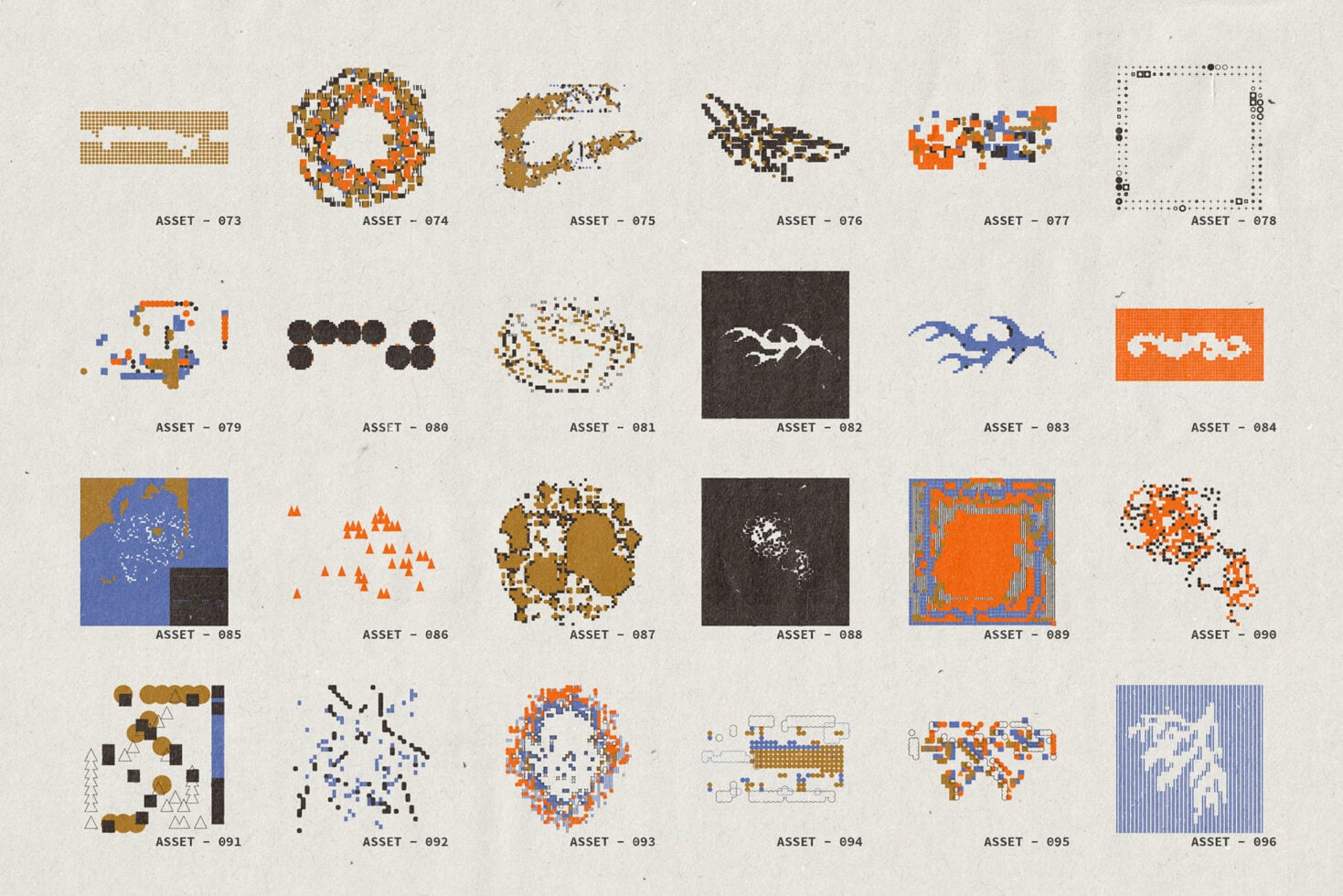 Grid of 24 pixelated abstract graphic assets in orange, blue, brown with geometric shapes