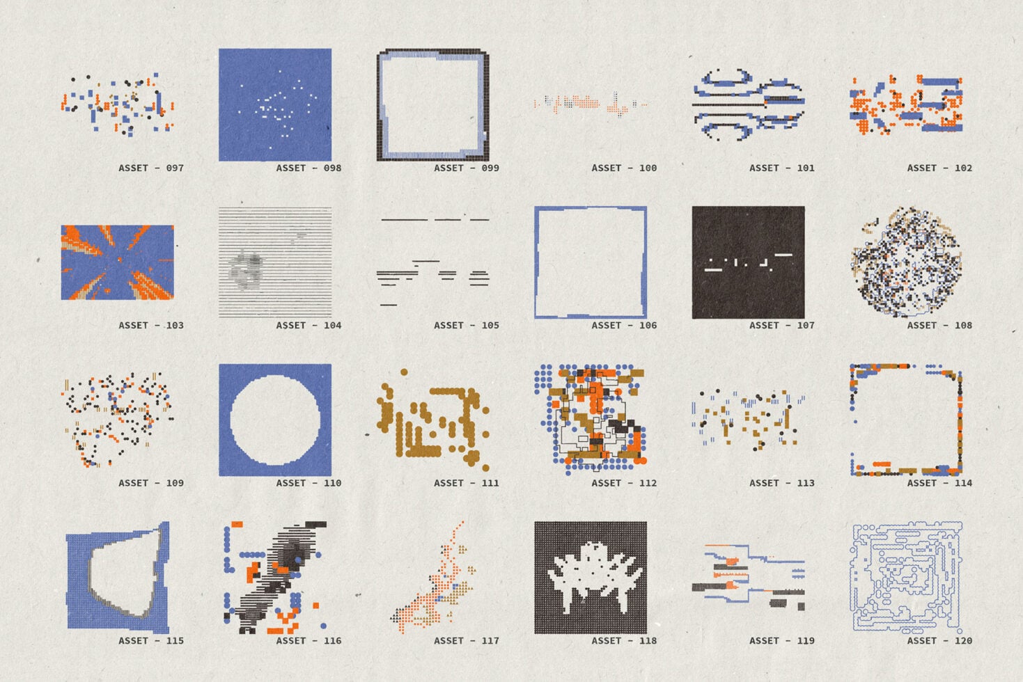 Grid of 24 pixelated design elements with geometric shapes, dots, frames in blue, orange, cream tones