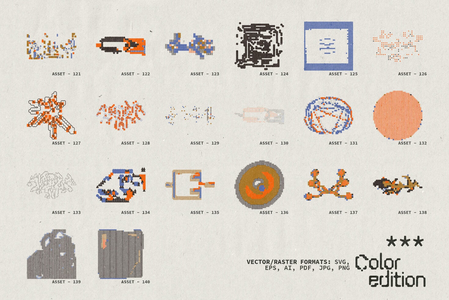 Grid of 20 pixelated geometric shapes in orange, blue, black with vector file formats available