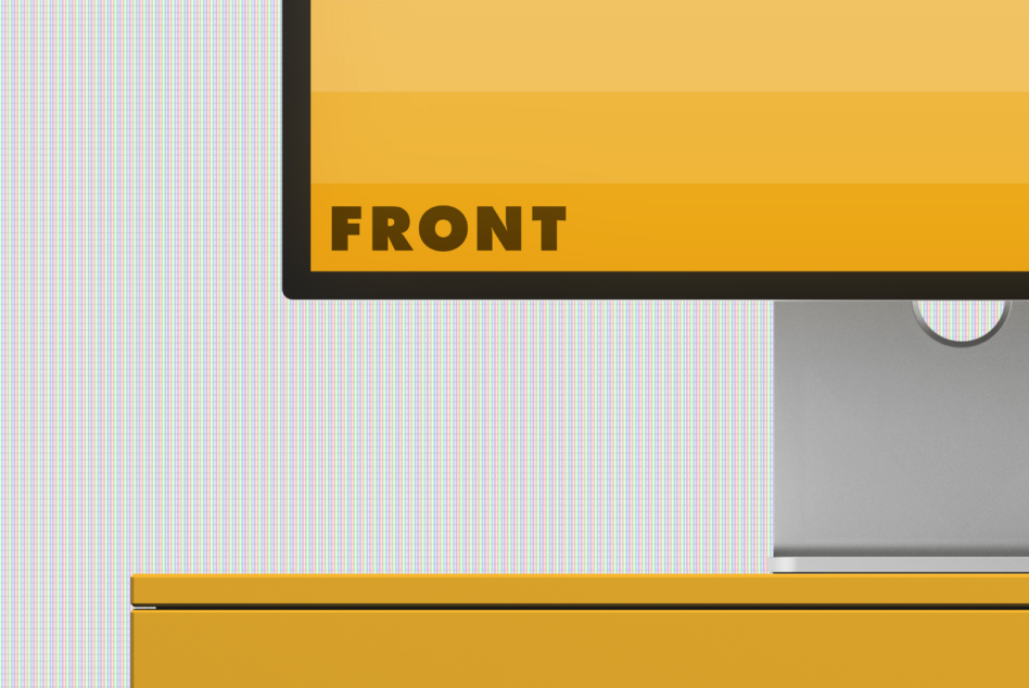 Laptop mockup with pastel RGB scanline pattern, gold bars, dark frame showing front view