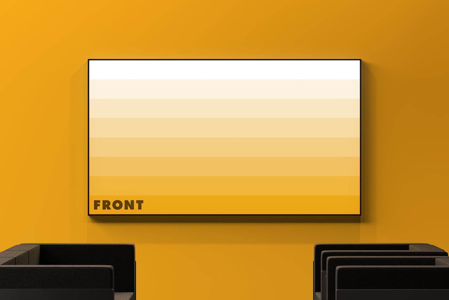 Horizontal poster mockup with gradient fill from cream to gold, black frame on mustard yellow wall