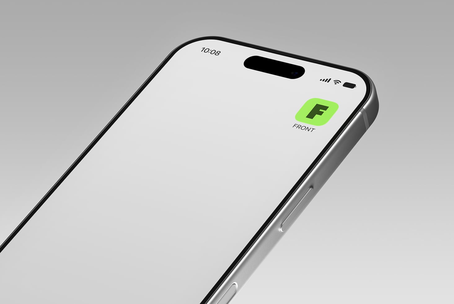iPhone mockup with bright green app icon on clean white screen, angled view