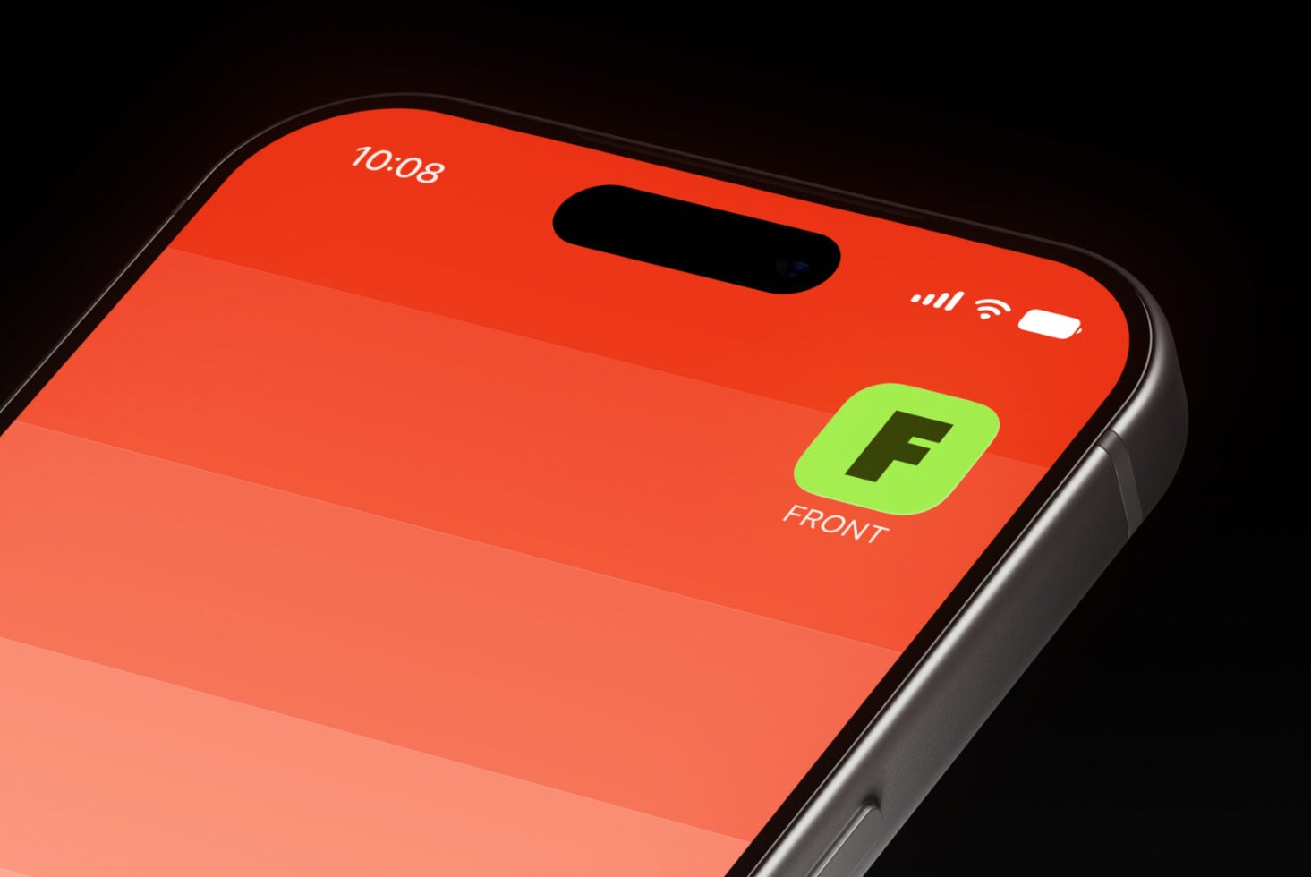 iPhone mockup with bright red homescreen, lime green app icon labeled FRONT