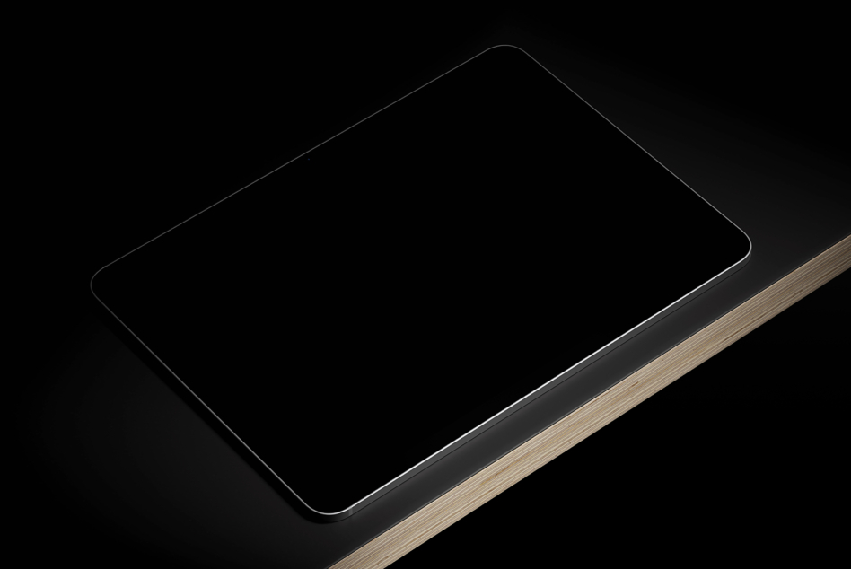 Smartphone mockup with blank screen, metal trim, wood accent on dark background