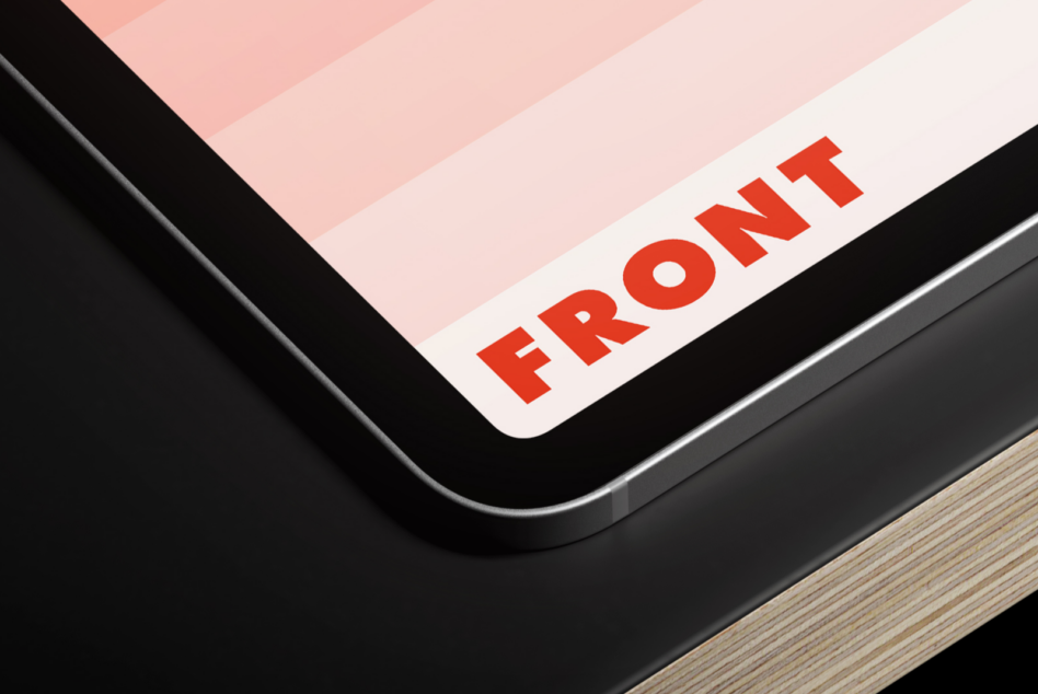 Smartphone screen mockup with bold red "FRONT" text on pastel pink gradient background