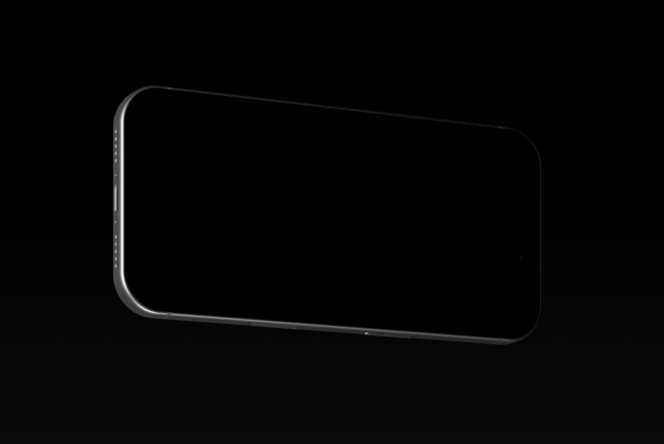 Sleek smartphone mockup with dark screen, angled left on black background