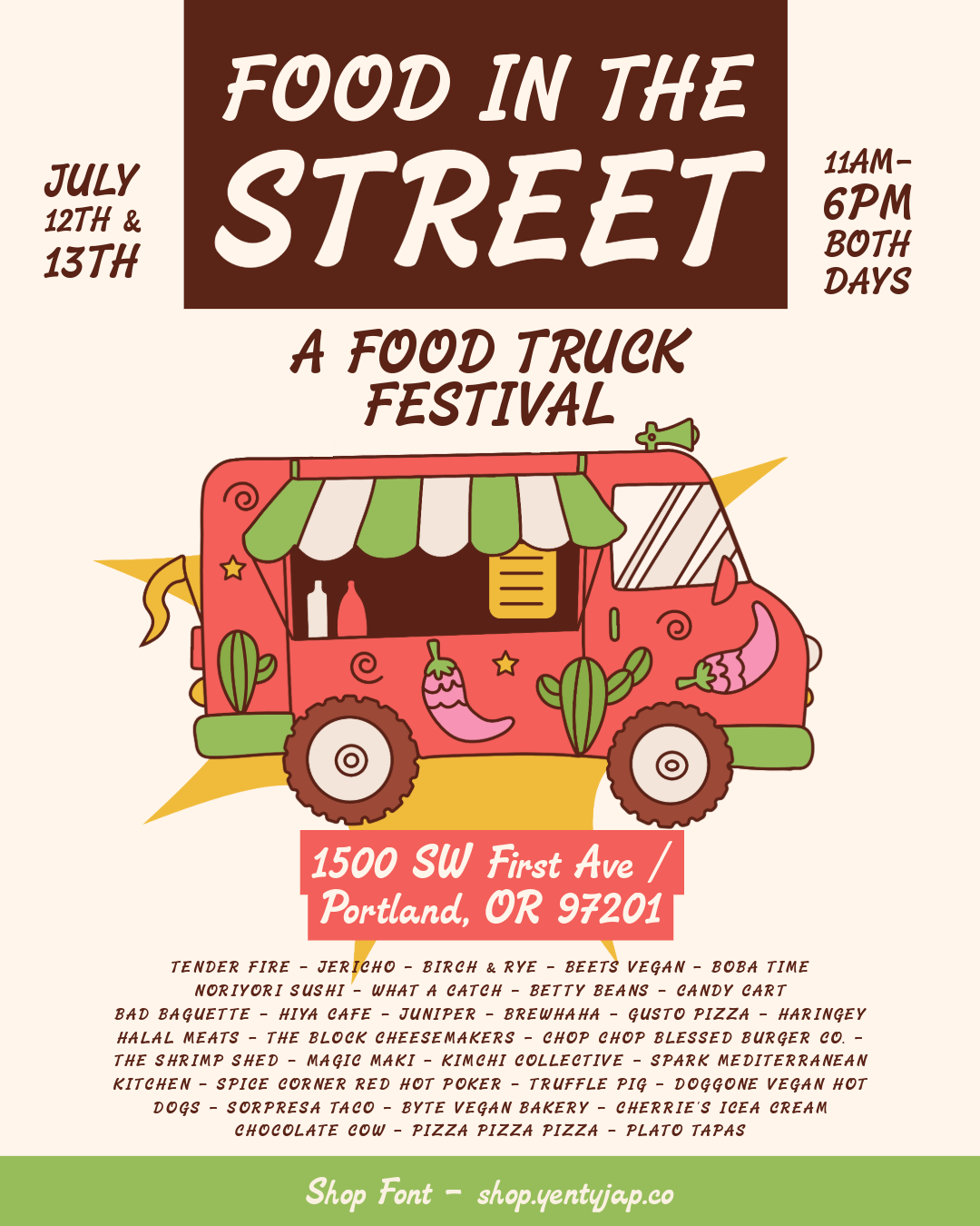 Retro food truck festival poster with colorful illustration, event details, vendor list, Portland location