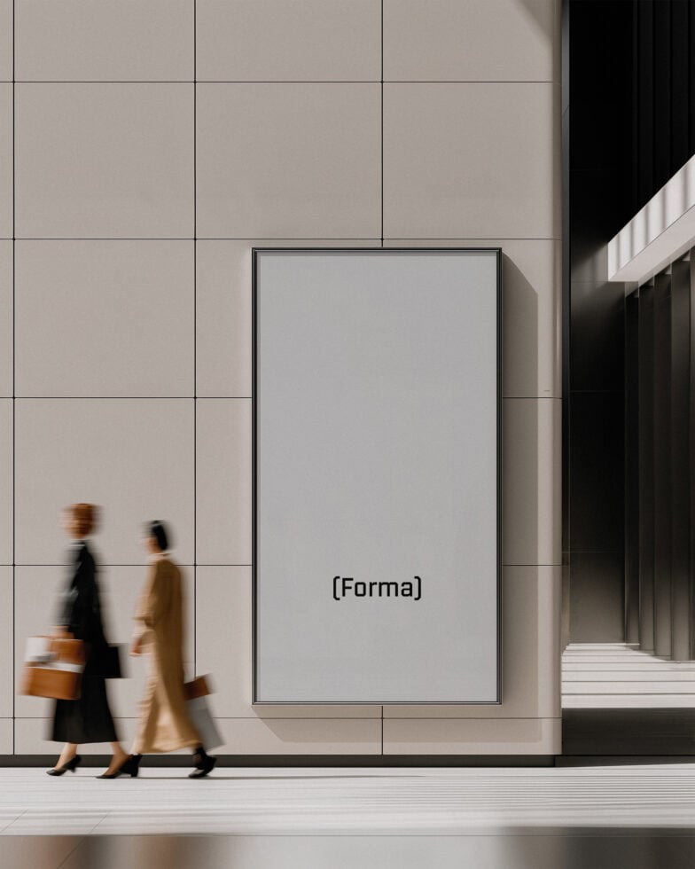Blurred figures walking past minimal storefront with blank poster on beige tile wall