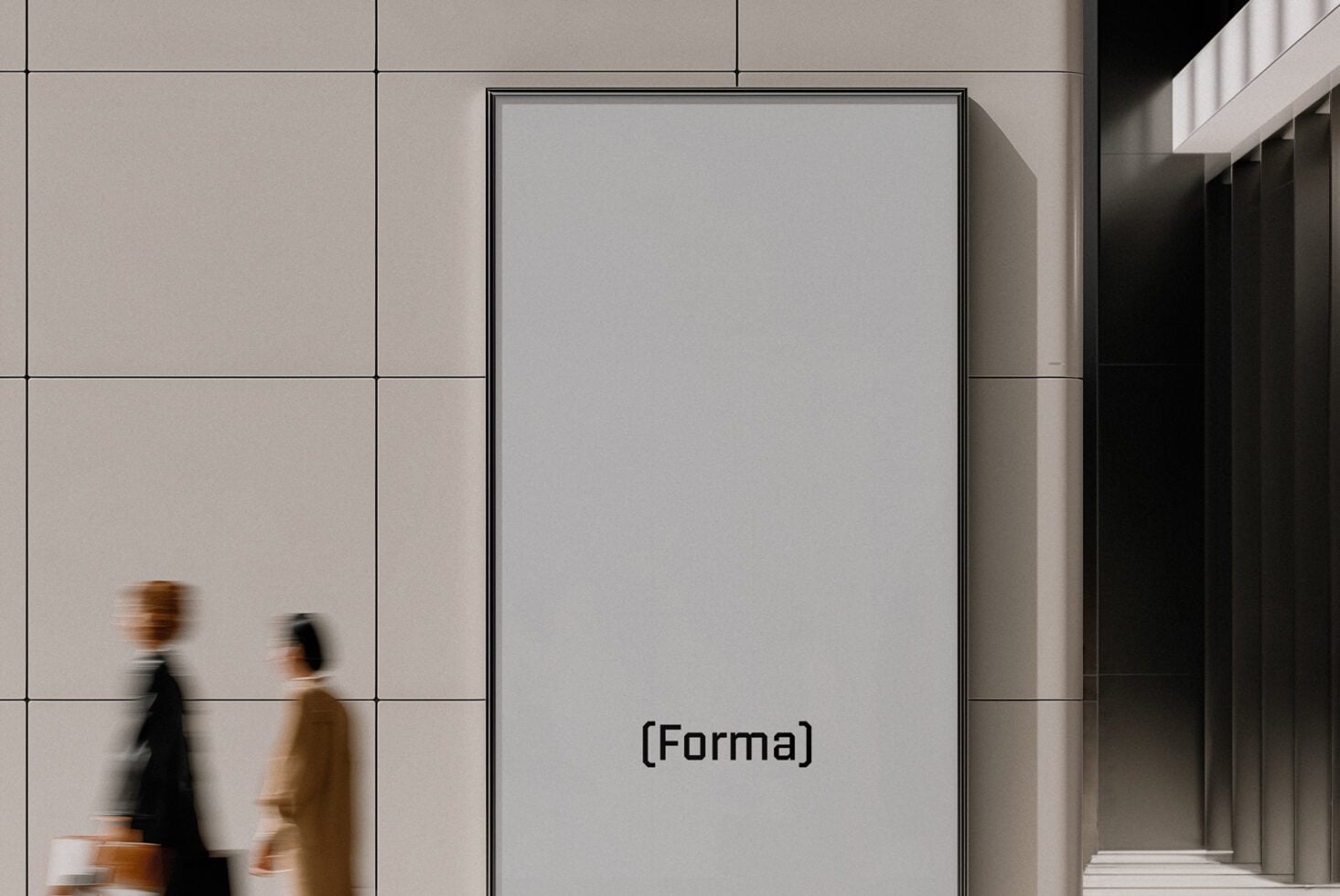 Framed poster mockup on minimalist office wall with two blurred figures walking by