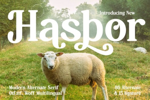 Hagbor serif font with sheep in pastoral field, 86 alternates included