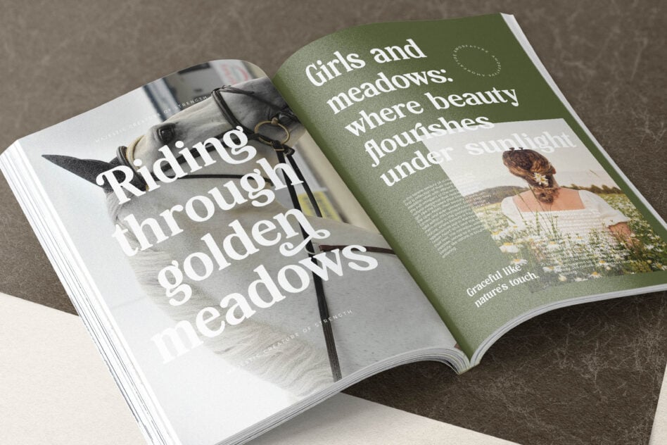 Open magazine spread mockup showing nature-inspired editorial layout with green page on right
