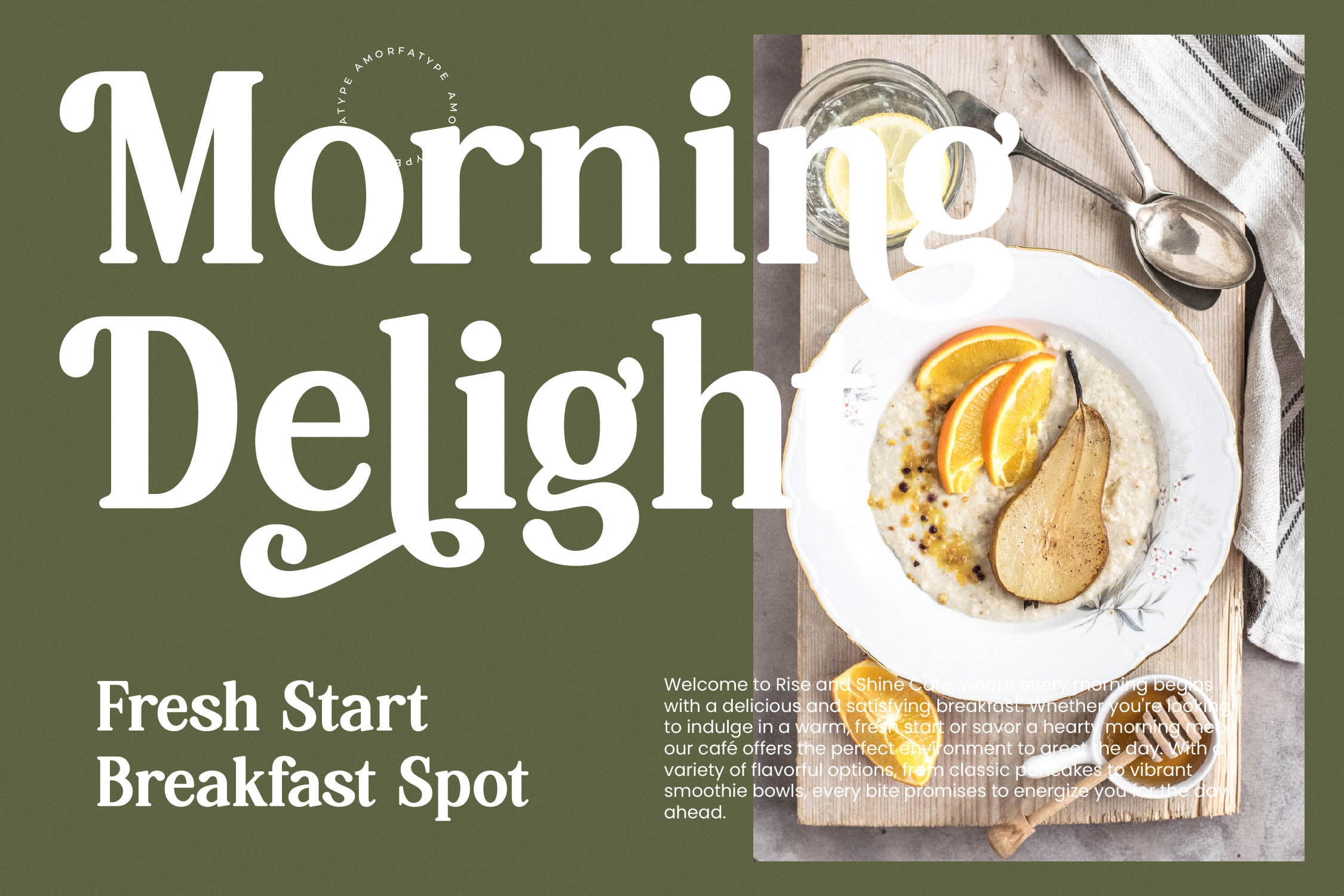 Overhead shot of oatmeal bowl with orange slices, pear, spoon, glass of juice on wood table