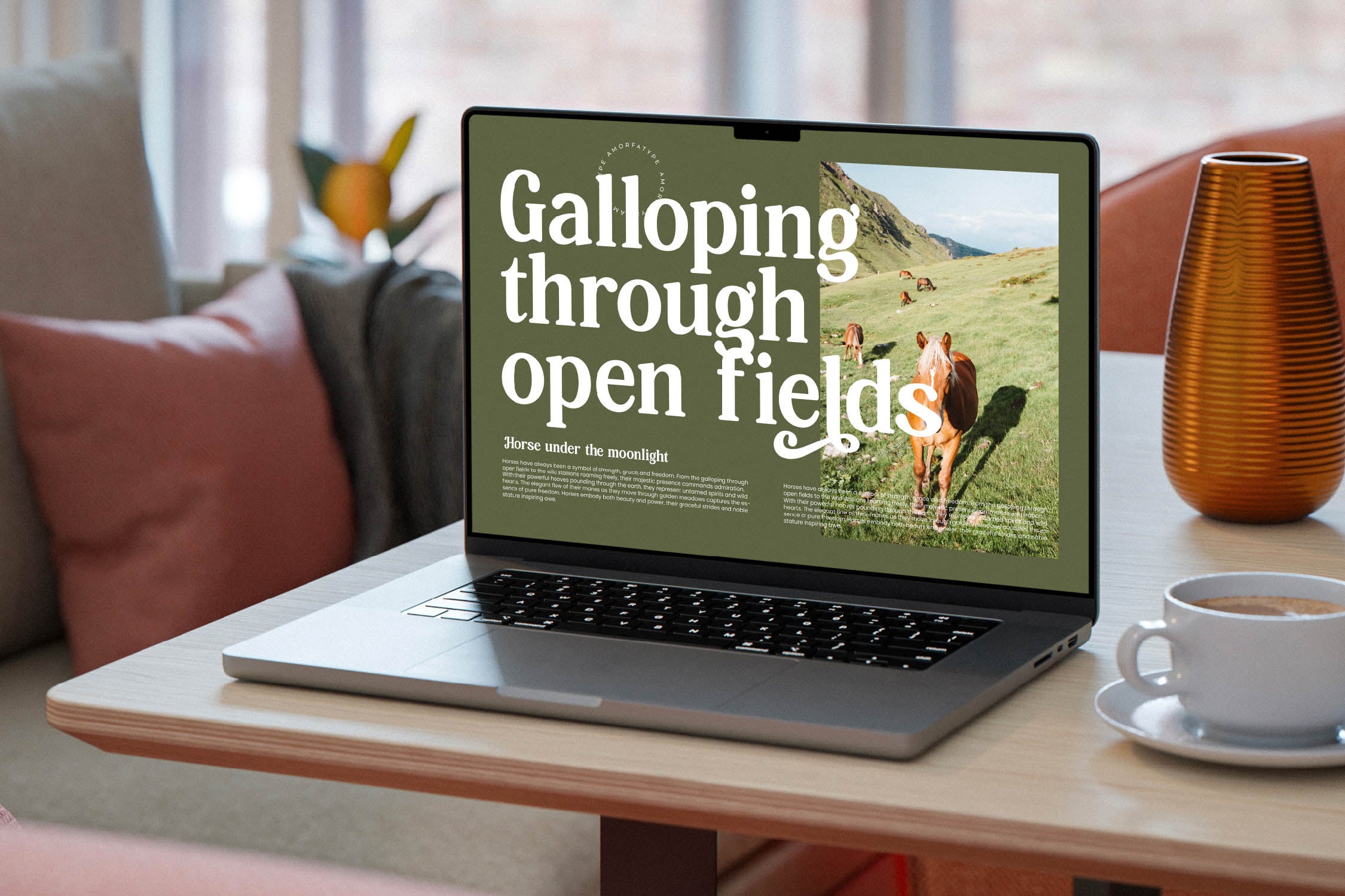Laptop mockup showing bold editorial layout with horses in a meadow, olive green background, modern serif typography