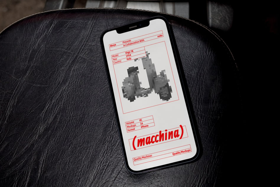 iPhone mockup displaying vintage Vespa scooter with red border design on black leather surface