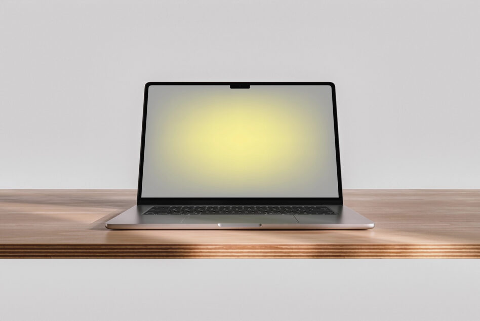 Silver laptop on wooden desk with soft yellow screen glow against gray background