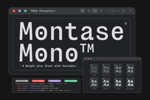 Montase Mono variable font with 8 weights plus slant, shown in code editor with weight specimens