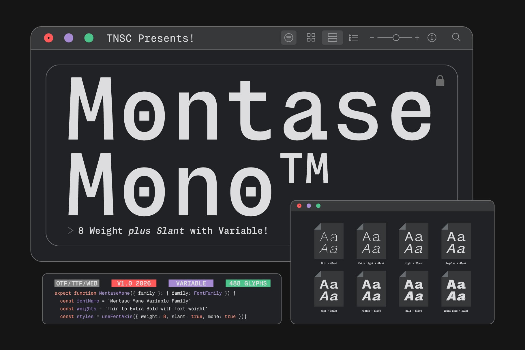 Montase Mono variable font with 8 weights plus slant, shown in code editor with weight specimens