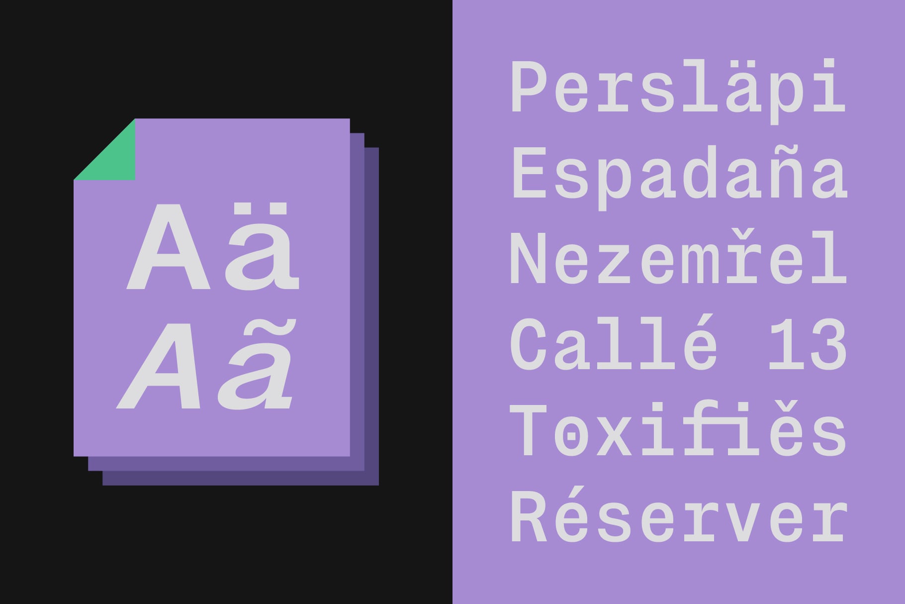 Font mockup showing international characters on purple background with green accent